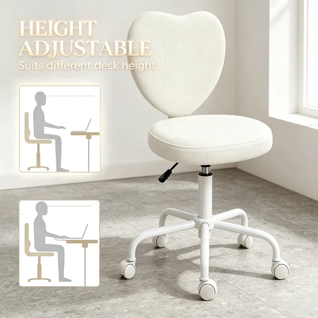 Alt view image 6 of 7 - Love Heart Shaped Back Vanity Chair, Adjustable Height 360 Swivel Rolling Office Chair with Caster Wheels