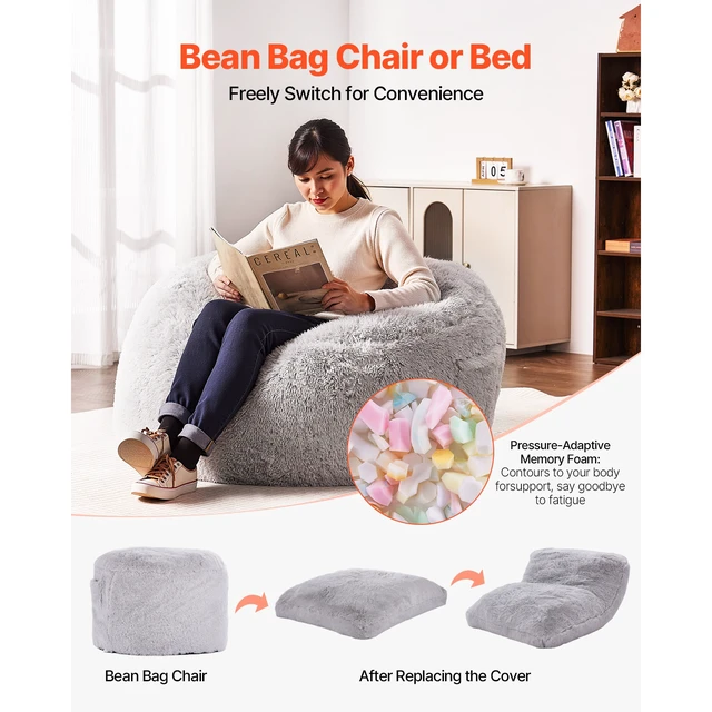 Alt view image 3 of 7 - Bean Bag Bed Chair, Convertible Chair from BeanBag to Lounge or Mattress, Gaint Bean Bag Chair Bed with Washable Cover for Adults, Fluffy Plush, Foam Filling and Side Pocket, Grey(Queen Size)