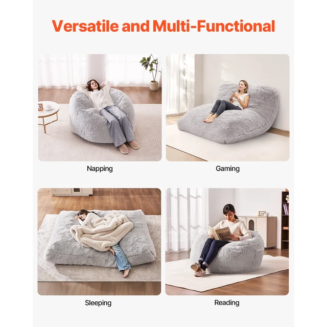 Alt view image 6 of 7 - Bean Bag Bed Chair, Convertible Chair from BeanBag to Lounge or Mattress, Gaint Bean Bag Chair Bed with Washable Cover for Adults, Fluffy Plush, Foam Filling and Side Pocket, Grey(Queen Size)
