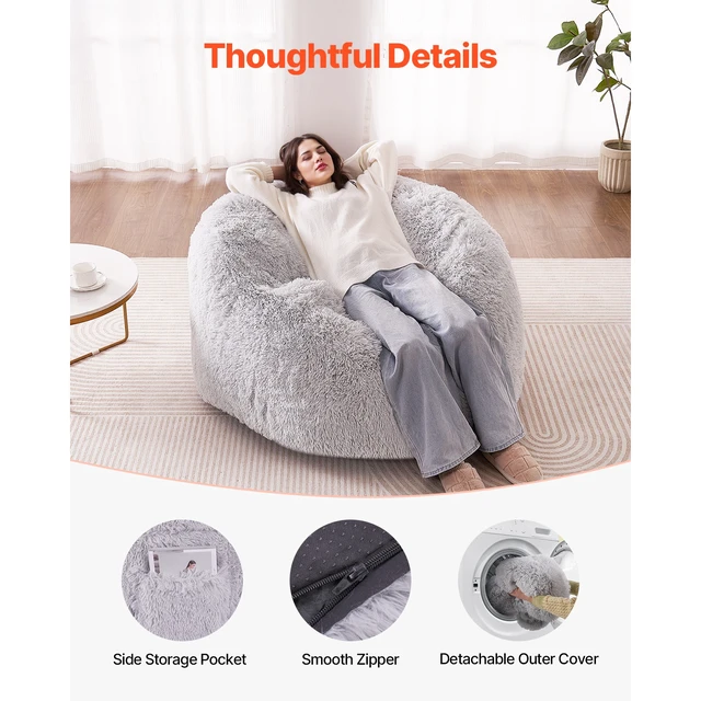 Alt view image 5 of 7 - Bean Bag Bed Chair, Convertible Chair from BeanBag to Lounge or Mattress, Gaint Bean Bag Chair Bed with Washable Cover for Adults, Fluffy Plush, Foam Filling and Side Pocket, Grey(Queen Size)