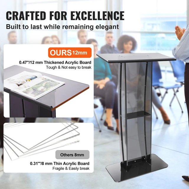 Alt view image 4 of 7 - Acrylic Podium, 47" Acrylic Podium Stand with Wide Reading Surface & Storage Shelf, Floor-standing Clear Pulpits Acrylic for Church Office School, Black