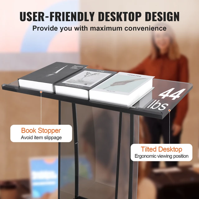 Alt view image 5 of 7 - Acrylic Podium, 47" Acrylic Podium Stand with Wide Reading Surface & Storage Shelf, Floor-standing Clear Pulpits Acrylic for Church Office School, Black
