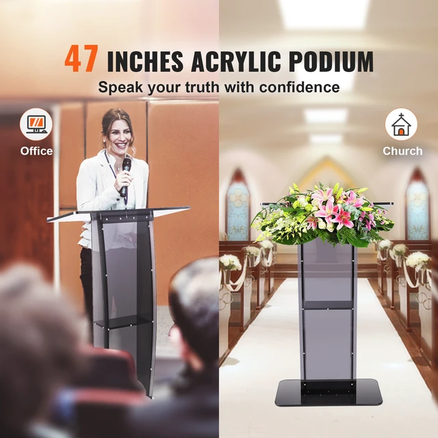 Alt view image 2 of 7 - Acrylic Podium, 47" Acrylic Podium Stand with Wide Reading Surface & Storage Shelf, Floor-standing Clear Pulpits Acrylic for Church Office School, Black