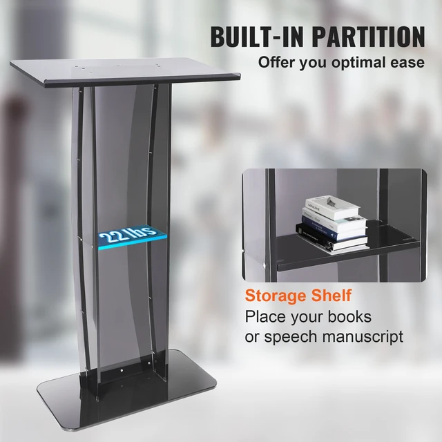 Alt view image 6 of 7 - Acrylic Podium, 47" Acrylic Podium Stand with Wide Reading Surface & Storage Shelf, Floor-standing Clear Pulpits Acrylic for Church Office School, Black