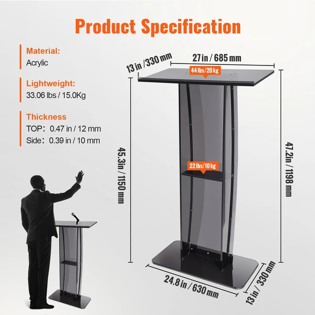 Alt view image 7 of 7 - Acrylic Podium, 47" Acrylic Podium Stand with Wide Reading Surface & Storage Shelf, Floor-standing Clear Pulpits Acrylic for Church Office School, Black
