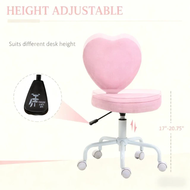 Alt view image 3 of 4 - Pink Heart-Shaped Office Chair, Adjustable Swivel Chair for Bedroom & Vanity, Cute & Comfy Style