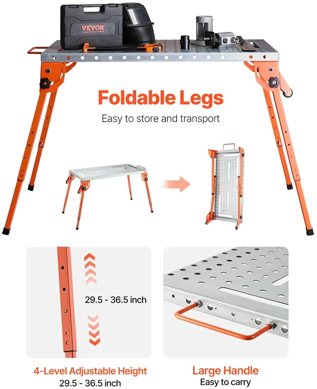 Alt view image 4 of 7 - Welding Table 44" x 21" 500LBS Folding Workbench with 4-Level Adjustable Height
