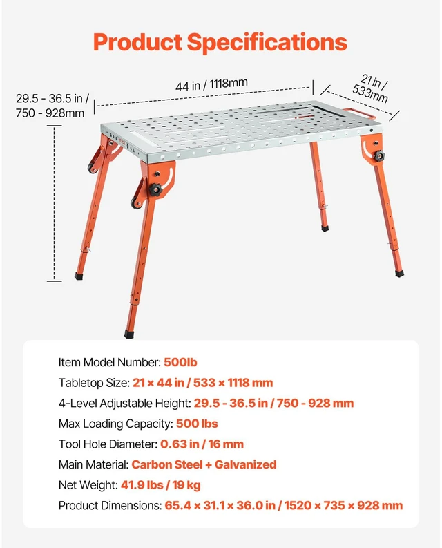 Alt view image 7 of 7 - Welding Table 44" x 21" 500LBS Folding Workbench with 4-Level Adjustable Height