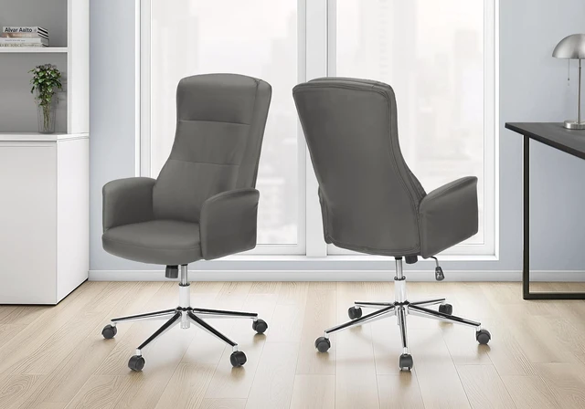Main image of Office Chair, Swivel, Adjustable Height, Armrests, Ergonomic, Work, Grey Leather Look, Chrome Metal, Contemporary, Modern