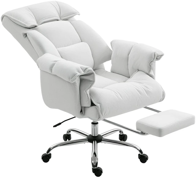 Main image of HOMCOM High Back Office Chair, Reclining Desk Chair with Footrest, Thick Cushion, High Resilience Foam, Adjustable Height, Rolling Wheels, Cream White