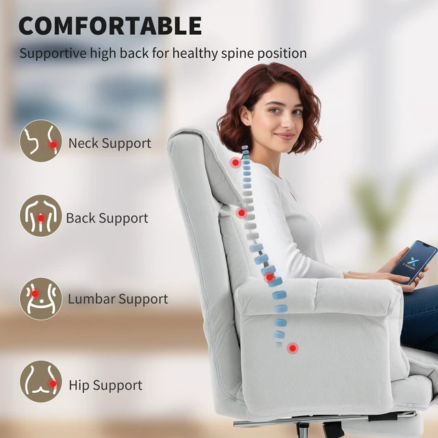 Alt view image 7 of 7 - HOMCOM High Back Office Chair, Reclining Desk Chair with Footrest, Thick Cushion, High Resilience Foam, Adjustable Height, Rolling Wheels, Cream White