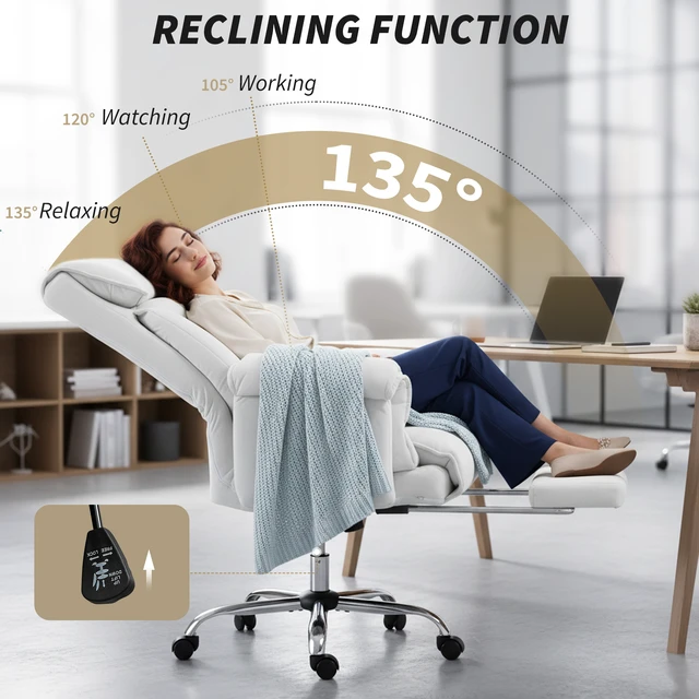 Alt view image 5 of 7 - HOMCOM High Back Office Chair, Reclining Desk Chair with Footrest, Thick Cushion, High Resilience Foam, Adjustable Height, Rolling Wheels, Cream White