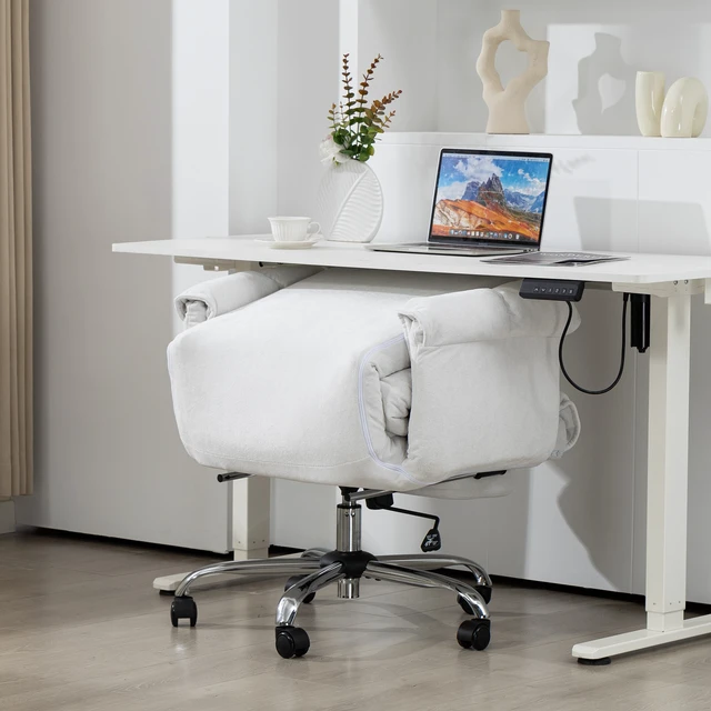 Alt view image 2 of 7 - HOMCOM High Back Office Chair, Reclining Desk Chair with Footrest, Thick Cushion, High Resilience Foam, Adjustable Height, Rolling Wheels, Cream White