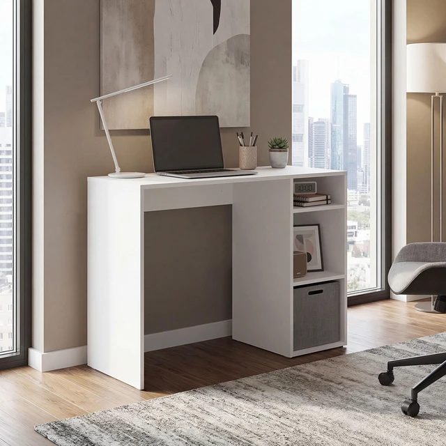 Main image of Computer Desk with 3 Shelves and 1 Basket - White
