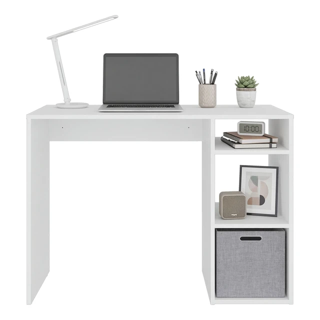 Alt view image 7 of 7 - Computer Desk with 3 Shelves and 1 Basket - White