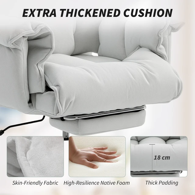 Alt view image 6 of 7 - HOMCOM High Back Office Chair, Reclining Desk Chair with Footrest, Thick Cushion, High Resilience Foam, Adjustable Height, Rolling Wheels, Cream White