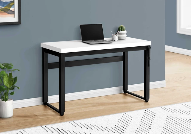 Alt view image 4 of 7 - Computer Desk, Home Office, Standing, Adjustable, 48"l, Work, Laptop, White Laminate, Black Metal, Contemporary, Modern