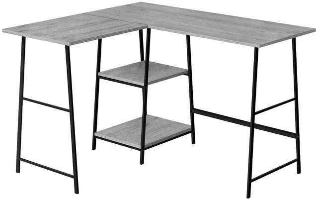 Main image of Computer Desk, Home Office, Corner, Storage Shelves, 48"l, L Shape, Work, Laptop, Grey Laminate, Black Metal, Contemporary, Modern