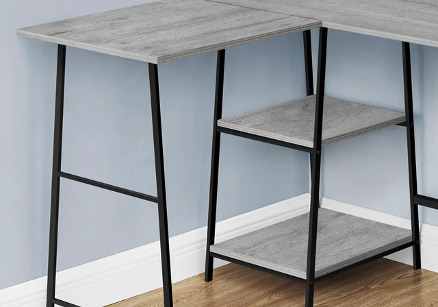 Alt view image 2 of 5 - Computer Desk, Home Office, Corner, Storage Shelves, 48"l, L Shape, Work, Laptop, Grey Laminate, Black Metal, Contemporary, Modern