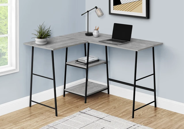 Alt view image 4 of 5 - Computer Desk, Home Office, Corner, Storage Shelves, 48"l, L Shape, Work, Laptop, Grey Laminate, Black Metal, Contemporary, Modern