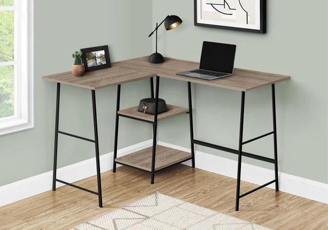 Alt view image 4 of 7 - Computer Desk, Home Office, Corner, Storage Shelves, 48"l, L Shape, Work, Laptop, Brown Laminate, Black Metal, Contemporary, Modern