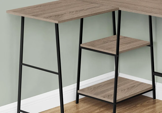 Alt view image 2 of 7 - Computer Desk, Home Office, Corner, Storage Shelves, 48"l, L Shape, Work, Laptop, Brown Laminate, Black Metal, Contemporary, Modern