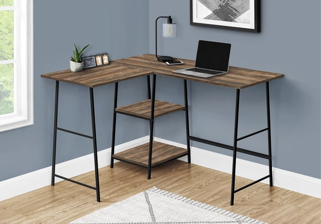 Alt view image 4 of 5 - Computer Desk, Home Office, Corner, Storage Shelves, 48"l, L Shape, Work, Laptop, Brown Laminate, Black Metal, Contemporary, Modern