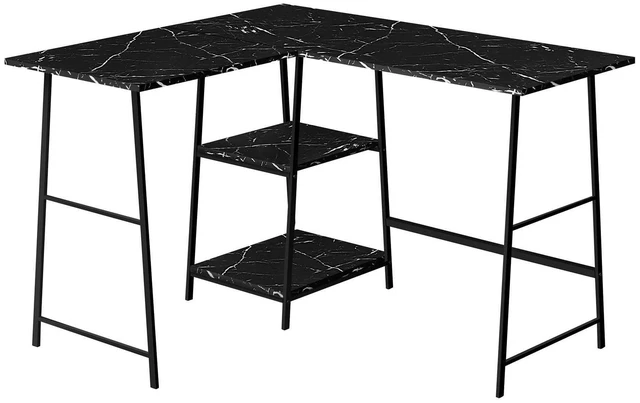 Main image of Computer Desk, Home Office, Corner, Storage Shelves, 48"l, L Shape, Work, Laptop, Black Marble Look Laminate, Black Metal, Contemporary, Modern