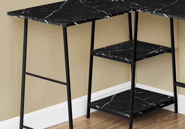 Alt view image 2 of 5 - Computer Desk, Home Office, Corner, Storage Shelves, 48"l, L Shape, Work, Laptop, Black Marble Look Laminate, Black Metal, Contemporary, Modern