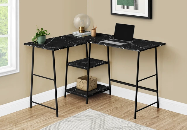 Alt view image 4 of 5 - Computer Desk, Home Office, Corner, Storage Shelves, 48"l, L Shape, Work, Laptop, Black Marble Look Laminate, Black Metal, Contemporary, Modern
