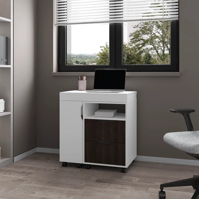 Main image of White and Stained Walnut 2-Drawer Extendable Desk with Sliding Mechanism
