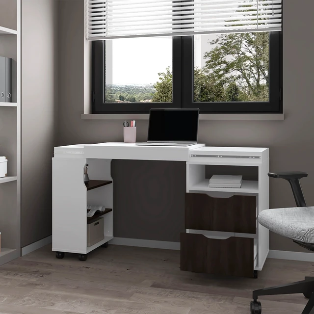 Alt view image 2 of 5 - White and Stained Walnut 2-Drawer Extendable Desk with Sliding Mechanism