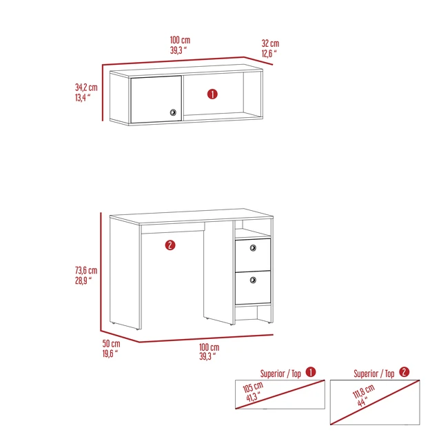Alt view image 3 of 6 - Khali 2-Pc Office Set, Two Shelves, Two Drawers, Wall Cabinet, Single Door Cabinet, -Light Oak / Taupe