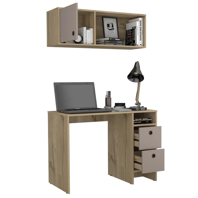 Alt view image 4 of 6 - Khali 2-Pc Office Set, Two Shelves, Two Drawers, Wall Cabinet, Single Door Cabinet, -Light Oak / Taupe