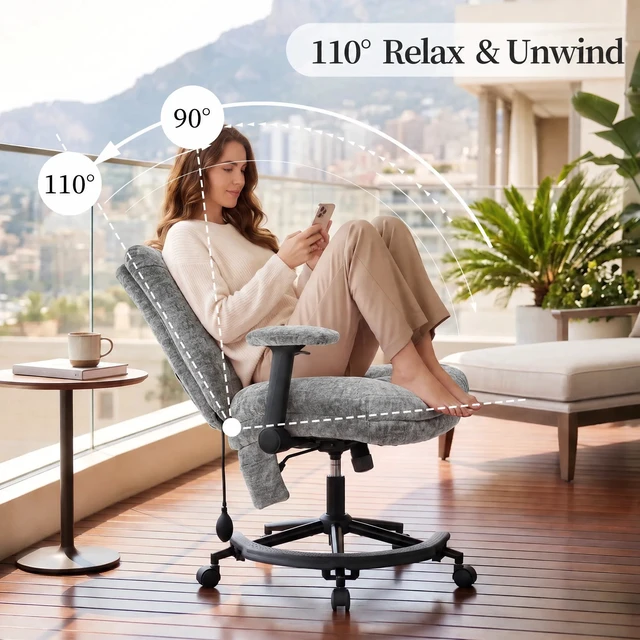 Alt view image 5 of 7 - Chenille Criss Cross Office Chair with Air Lumbar Support, Flip-up Adjustable Arms, Built-in Footrest & Rocking Function, 25" Wide Cross-Legged Swivel Desk Chair for Home Office Bedroom,Dark Grey.