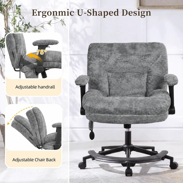 Alt view image 4 of 7 - Chenille Criss Cross Office Chair with Air Lumbar Support, Flip-up Adjustable Arms, Built-in Footrest & Rocking Function, 25" Wide Cross-Legged Swivel Desk Chair for Home Office Bedroom,Dark Grey.