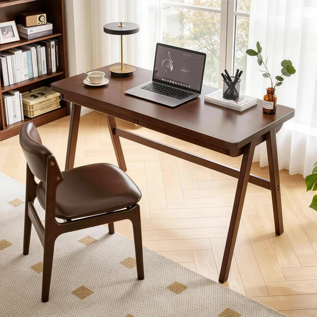 Main image of 100% Solid Rubber Wood Computer Desk, Retro Walnut Writing Desk with Drawer, Sturdy A-Frame Leg, 39.37"×21.62", 1.38" Extra Thick Home Office Study Table
