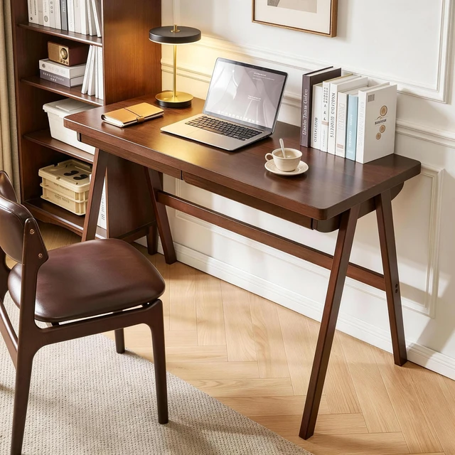 Alt view image 7 of 7 - 100% Solid Rubber Wood Computer Desk, Retro Walnut Writing Desk with Drawer, Sturdy A-Frame Leg, 39.37"×21.62", 1.38" Extra Thick Home Office Study Table