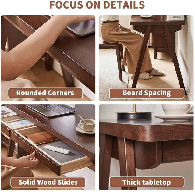 Alt view image 2 of 7 - 100% Solid Rubber Wood Computer Desk, Retro Walnut Writing Desk with Drawer, Sturdy A-Frame Leg, 39.37"×21.62", 1.38" Extra Thick Home Office Study Table