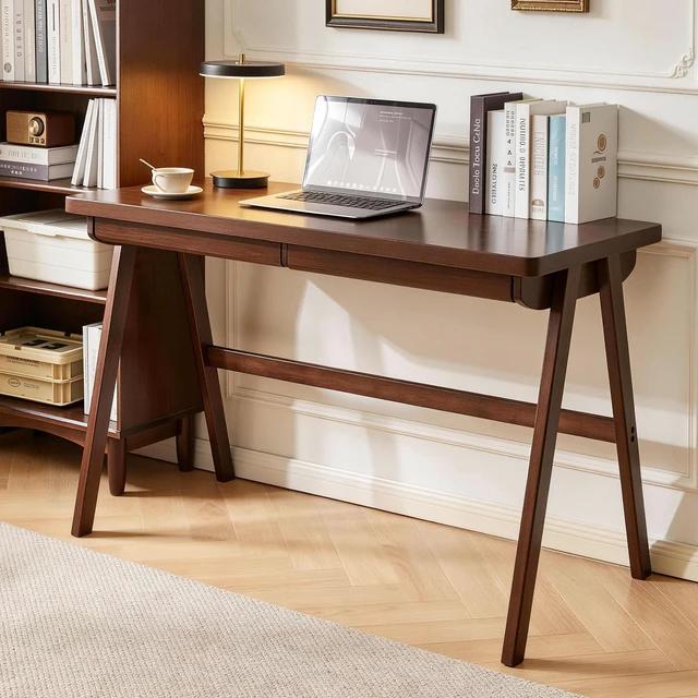 Alt view image 6 of 7 - 100% Solid Rubber Wood Computer Desk, Retro Walnut Writing Desk with Drawer, Sturdy A-Frame Leg, 39.37"×21.62", 1.38" Extra Thick Home Office Study Table