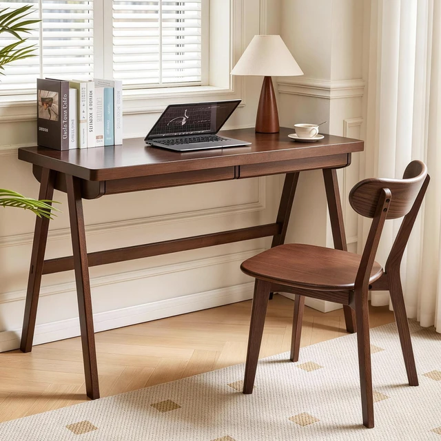 Alt view image 5 of 7 - 100% Solid Rubber Wood Computer Desk, Retro Walnut Writing Desk with Drawer, Sturdy A-Frame Leg, 39.37"×21.62", 1.38" Extra Thick Home Office Study Table
