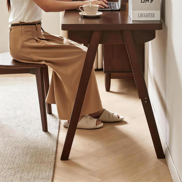Alt view image 3 of 7 - 100% Solid Rubber Wood Computer Desk, Retro Walnut Writing Desk with Drawer, Sturdy A-Frame Leg, 39.37"×21.62", 1.38" Extra Thick Home Office Study Table