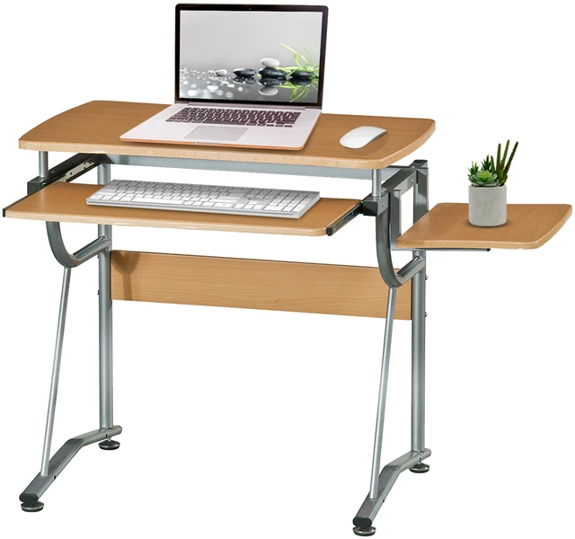 Alt view image 2 of 7 - Compact Computer Desk with Side Shelf and Keyboard Panel, Cherry
