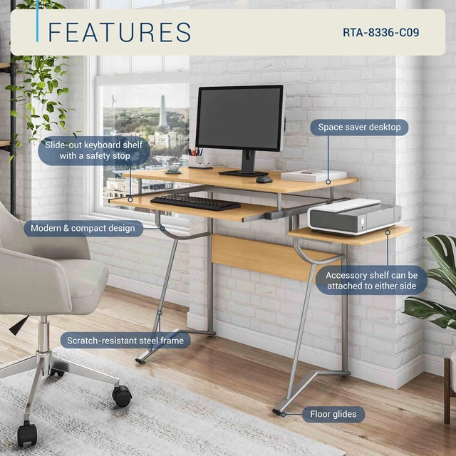 Alt view image 3 of 7 - Compact Computer Desk with Side Shelf and Keyboard Panel, Cherry
