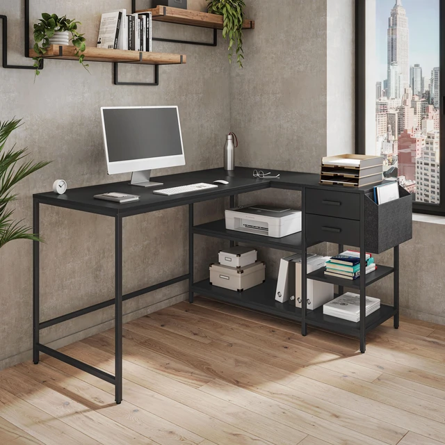 Main image of Modern L-Shaped Desk with Storage. Corner Computer Desk with Shelves, Drawers & Fabric Organizer for Home or Office, Black