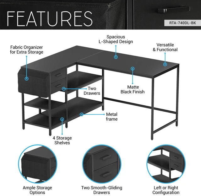 Alt view image 3 of 7 - Modern L-Shaped Desk with Storage. Corner Computer Desk with Shelves, Drawers & Fabric Organizer for Home or Office, Black