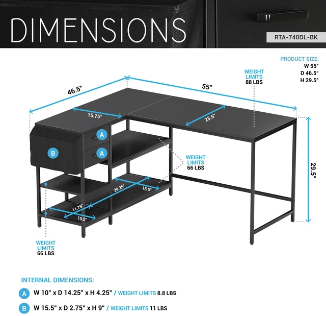 Alt view image 4 of 7 - Modern L-Shaped Desk with Storage. Corner Computer Desk with Shelves, Drawers & Fabric Organizer for Home or Office, Black