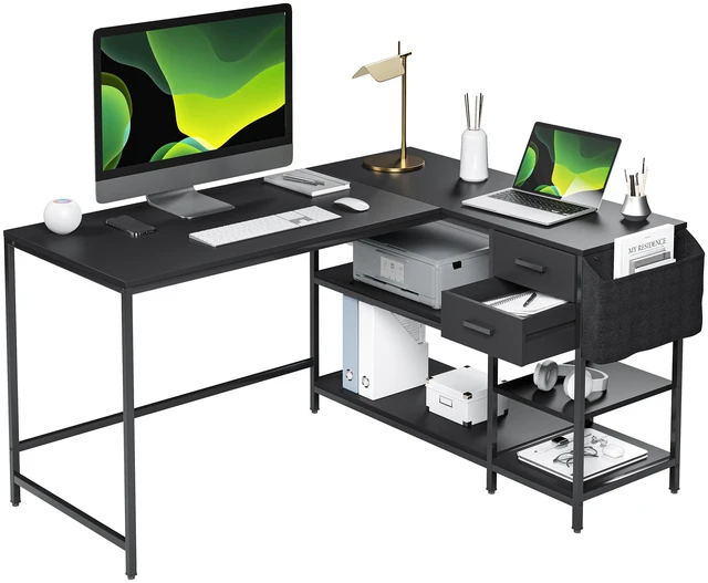 Alt view image 2 of 7 - Modern L-Shaped Desk with Storage. Corner Computer Desk with Shelves, Drawers & Fabric Organizer for Home or Office, Black