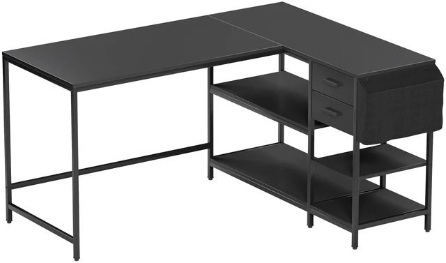 Alt view image 5 of 7 - Modern L-Shaped Desk with Storage. Corner Computer Desk with Shelves, Drawers & Fabric Organizer for Home or Office, Black