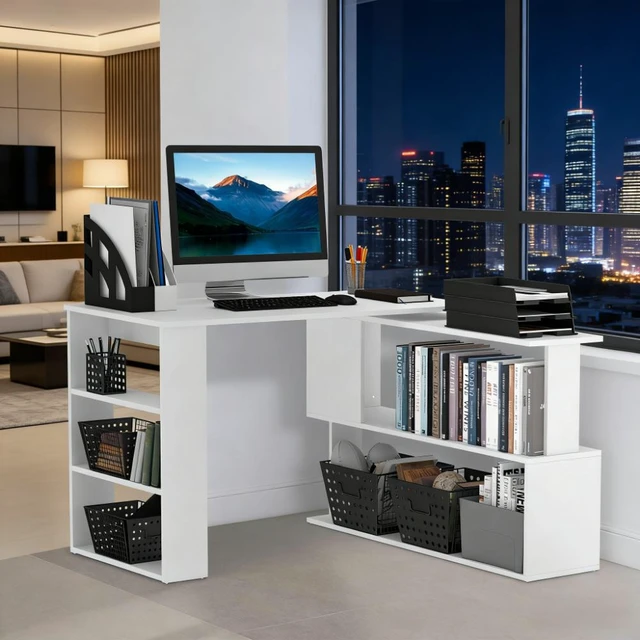 Alt view image 7 of 7 - Writing Table Workstation,L Shaped Corner Computer Desk,360° Rotating Home Office Desk